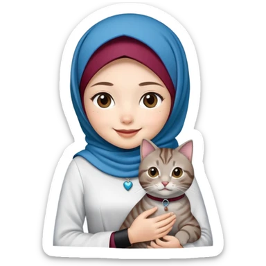 Asian White girl wearing maroon hijab, white dress holding a black grey tabby cat while smiling. The cat is wearing a blue collar sticker
