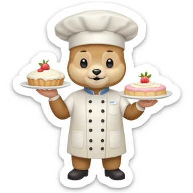 quiero un oso de pie con un delantal de pasteleria y un jorrito de chef que una mano tenga una manga oastlera sticker