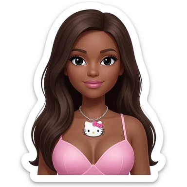 Long giant lashes, Doll faced shaped, hello kitty necklace, bimbo, black doll eyes, barbie, dark brown skin with long dark brown hair, light pink, big breast sticker
