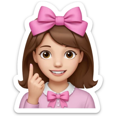 Chica con pelo marron sonriendo con un lazo rosa en la cabeza y con la punta del dedo indice entre los dientes con delicadeza y la otra mano que no salga en el emoji sticker