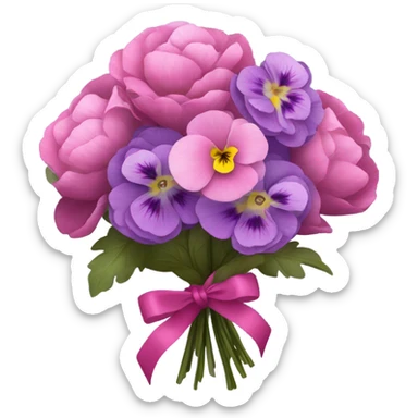 Bouquet composed of pink pansies, violet peonies tied with a dark pink ribbon and in the background purple butterflies sticker