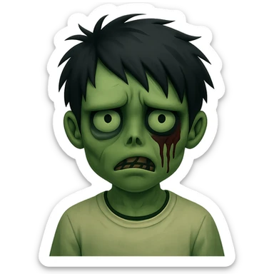 Add green skin to the zombie boy with black medium-length messy emo hair, dark and spooky expression, wearing a white shirt, no background, in emoji style. sticker