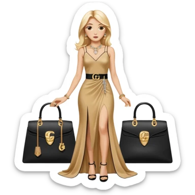 Lilith symbol light brown eyes. Woman of justice and power. Shoulder  length blonde haired  woman with Gucci, and Hermes bags next to her. Wearing long dress with slit, sitting on a lot of gold and big diamonds around her. Black Platform high heels on feet. designer bags around her.  sticker