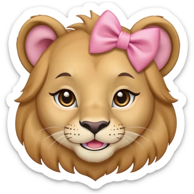 A lioness with feminine features, wearing a pink bow, long eyelashes, and a cute smile sticker