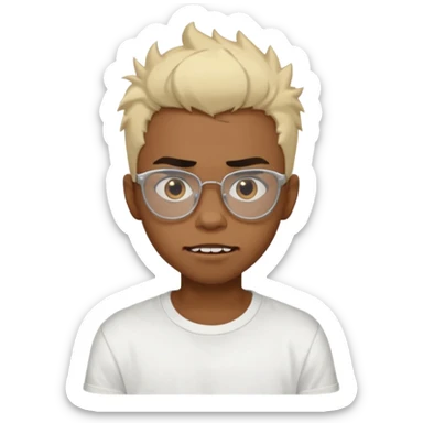 Black Male Teenager with Short punk messy blonde hair, Dark brown bushy eyebrows large expressive golden-brown eyes, wearing a plain white t-shirt, wearing glasses, Dark Brown skin color. vampire tooth sticker