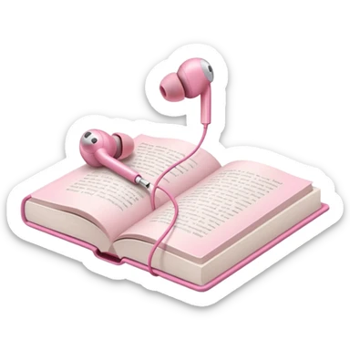 pink Pink Apple-style earbuds lying on an open book, soft pastel tones, cozy and minimal aesthetic, realistic lighting and shadows, top-down view, transparent background" sticker