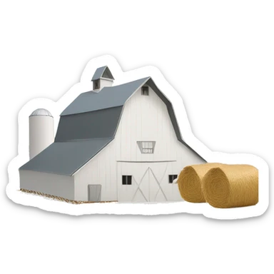 White barn with haystacks. Snowing  sticker