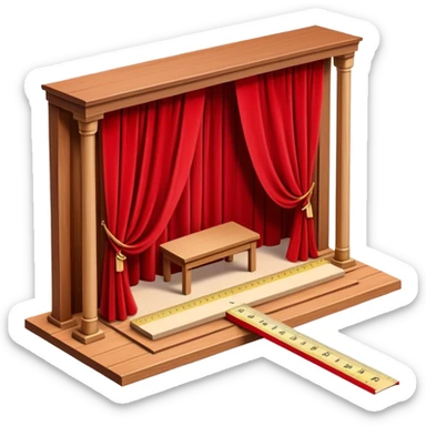 Miniature wooden stage set with a curtain, ruler, measuring tape, and small interior structure pieces floating around it in an organized, creative layout sticker