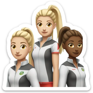 Three girls in track uniforms 2 with blonde pony tails one with brown ponytail sticker
