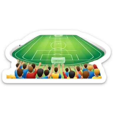 An icon showing a large, beautiful indoor stadium with soccer players on the field, actively playing. Fans cheer from the stands, creating a vibrant and energetic atmosphere. Bright lights shine down on the action, symbolizing the excitement of live sporting events. Transparent background. sticker