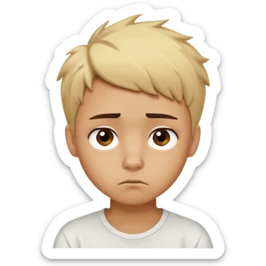 caramel skin color. Teen age. Short buzz, messy blonde hair, dark brown bushy eyebrows large expressive golden-brown eyes, brown skin color, scar over nose, wearing a plain white t-shirt. Disappointed thinking facial expression. caramel skin color sticker