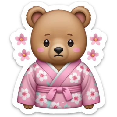 A cute light-brown bear wearing a pastel pink sakura-patterned kimono, normal balanced body ratio.  
Tears pooling under the eyes and softly streaming down cheeks, sad trembling mouth and droopy ears.  
Kawaii emoji style, minimalistic clean sticker illustration, white background. sticker