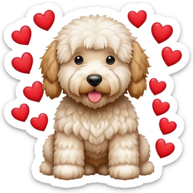 White Fluffy Goldendoodle surrounded by hearts sticker