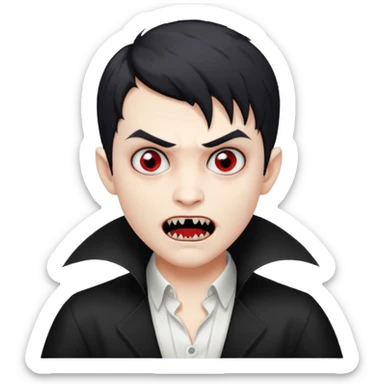 vampire boy, black edgar cut hair, white shirt, creepy expression sticker