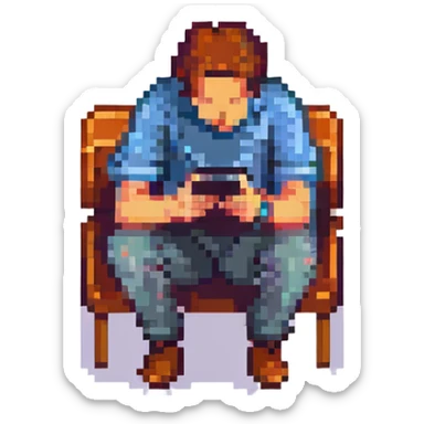 a man hunched over his cell phone, pixel art style sticker