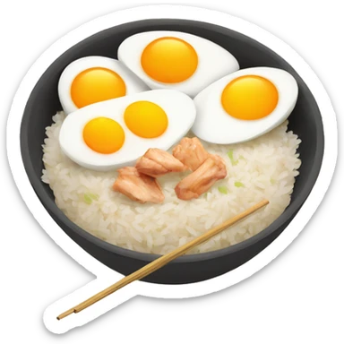 a bowl of rice with two eggs and two chicken drumstick on top sticker
