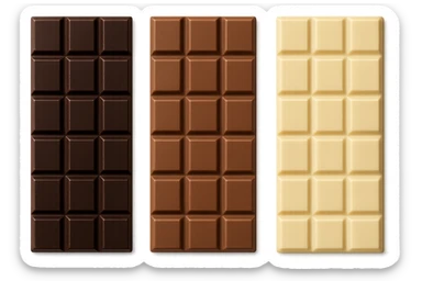 3 BARRETTE DI CIOCCOLATO, UNA FONDENTE, UNA AL LATTE E UNA BIANCA, VISTE DALL'ALTO, IPERREALISTICO 4K sticker