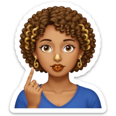 faça uma mulher com o cabelo curtinho cacheado com piercing no nariz e brincos e o dedo indicador no canto da boca morena sticker