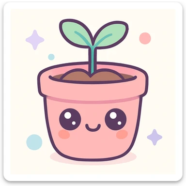 a pot with a sprout, simple smile on the pot, kawaii cute style sticker