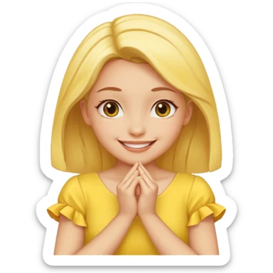 yellow smiling face girl with both hands under chin fingers touching sticker