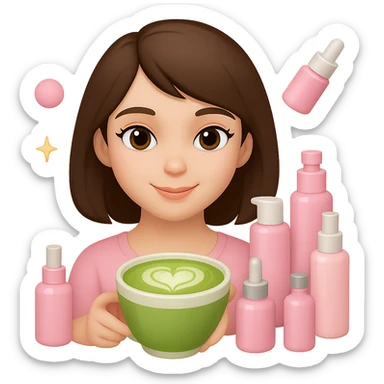 Create an Apple emoji style profile picture of a girl with short dark brown hair and brown eyes, pink soft girl aesthetic, holding a matcha latte, surrounded by pink skincare and makeup, sparkles, with a different hairstyle such as a side part or bob. The style should mimic Apple emojis with a soft and polished look. sticker