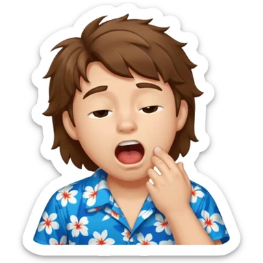Fluffy hair boy Blue Hawaiian shirt yawning tired sticker