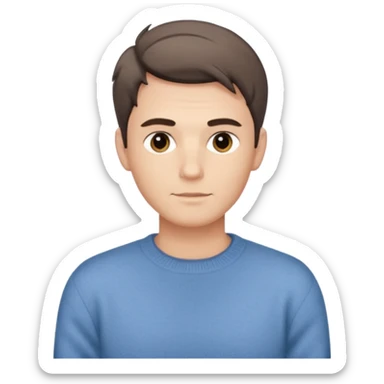 Мужчина с мягкими чертами лица, аккуратная причёска, нейтральная поза, свитер или рубашка спокойного оттенка, образ надёжный и располагающий. sticker