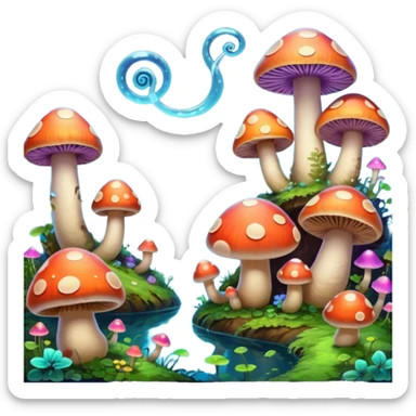  "A whimsical mushroom world filled with giant glowing mushrooms, soft bioluminescent spores floating through the air, and friendly oversized snails with colorful spiral shells exploring the landscape. Fantasy atmosphere, vibrant colors, dreamy lighting, highly detailed sticker