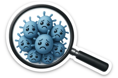 EMOJI STILE IPHONE DI una lente di ingrandimento che inquadra un cumulo di batteri intestinali tristi, IPERREALISTICO 4K sticker