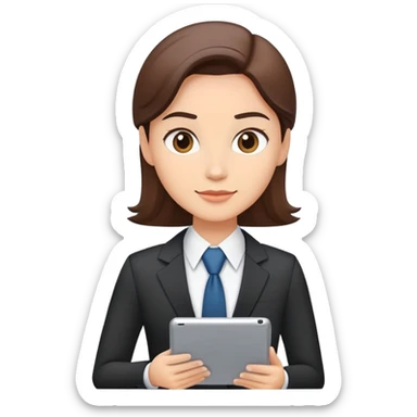 A flat-style illustration of a business executive confidently, holding a digital tablet or folder. The character wears smart business attire, clean cartoon style, white background, iOS emoji aesthetic. sticker
