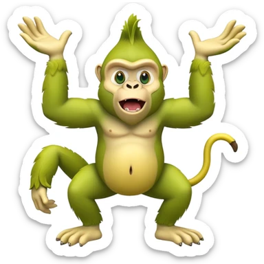 A yellow banana with arms and legs and a green gorilla head with expressive eyes sticker