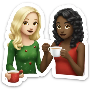 Blonde girl and black hair girl drinking tea at christmas sticker