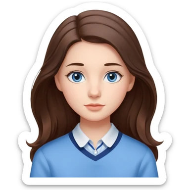 Realistic Student Portrait, with porcelain-like skin featuring a natural rosy flush, iHer Brunette Half-Up Style for Straight  hair flows in soft, Her deep blue eyes radiate warmth and innocence,  wear light blue preppy style. sticker