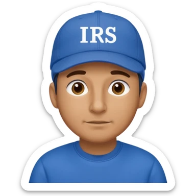a man dressed in blue with a cap on that says IRS sticker
