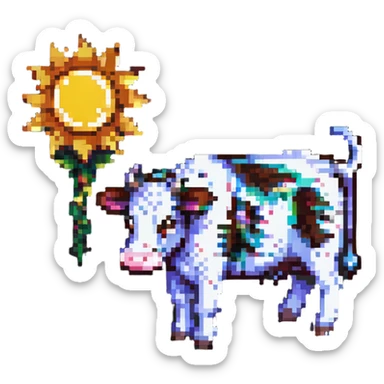 pixel art hybrid where a staircase, a sun, and a cow are fused together, with the sun shining from behind the cow and steps blending into its body sticker