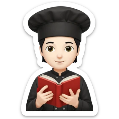 ["A happy man with pale skin, straight hair, wearing a chef hat and no glasses, dressed in goth fashion, is reading a book while holding a camera."] sticker
