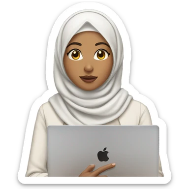 Lightskin girl with hijab in front of macbook sticker