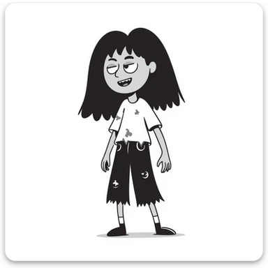 girl zombie with black long hair with teeth and serious face sticker