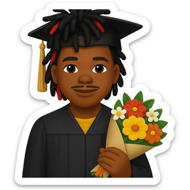 Create a male African American graduate emoji based on the reference photo with his hairstyle and features, wearing a graduation cap and gown, holding a bouquet of flowers. Remove the background. sticker