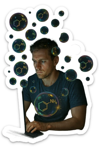 a man sits in front of a glowing screen, with colorful, artificial-looking dopamine molecules floating around his head like soap bubbles. Some bubbles pop and disappear quickly, symbolizing fleeting pleasure. In the background, a shadowy version of the man looks unsatisfied or empty, highlighting the temporary nature of the gratification. realistica con persone vere sticker