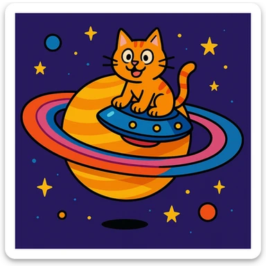 a whimsical cat riding a UFO around Saturn, colorful and fun sticker