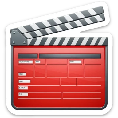 Glossy bright red clapperboard in the classic style of Apple icons: the top bar is tilted up-left, the body and bar with a deep glossy glare, dark gray edging, black background inside, perfectly square with rounded corners. sticker