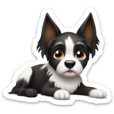 Black and white dog with Brown eyes and long fur, pointy ears laying on his paws and gazing into viewer sticker
