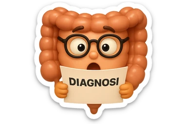 EMOJI STILE IPHONE DI UN INTESTINO CON GLI OCCHIALI CHE LEGGE UN FOGLIO CON LA SCRITTA DIAGNOSI, ESPRESSIONE STUPITA IN VOLTO, IPERREALISTICO 4K sticker