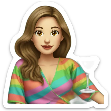 Caucasian woman with long brown hair sitting on a couch in front of a light green wall in a rainbow striped caftan holding a pink cocktail sticker