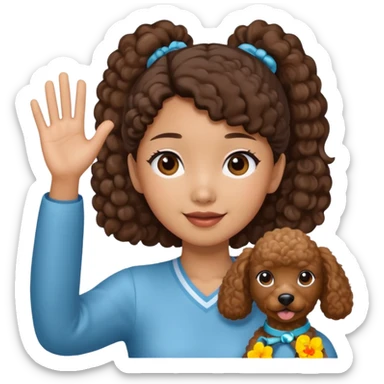 A Asia pony tail girls and brown poodle Say goodbye sticker