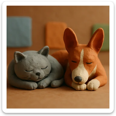 A gray British Shorthair cat curled up and sleeping next to a red Basenji dog sticker