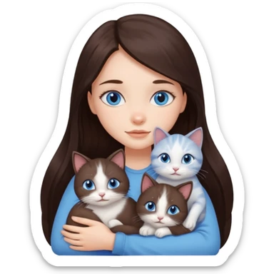 a pretty girl with long dark 
brown hair, with blue eyes, hugs 3 different natural coloured small cats sticker
