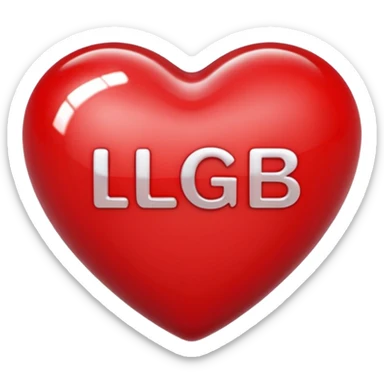 A photograph of a high-quality 3D heart-shaped emoji with a polished, glossy finish.The texture is smooth and candy-like, with a glass-like sheen that gives it a modern, high-end aesthetic. Add text as "LGB" in centre of heart sticker