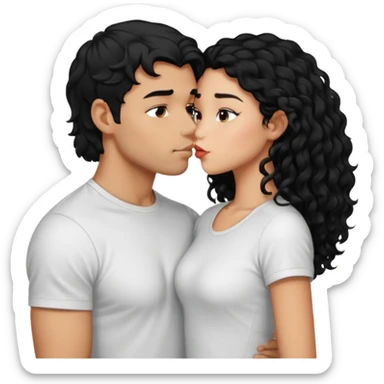 a strong man with short straight black hair kissing a shorter girl with long black curly hair sticker
